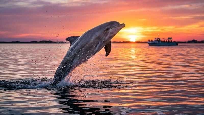 Wild dolphin surfacing in the Laguna Madre during a sunset boat tour in South Padre Island.