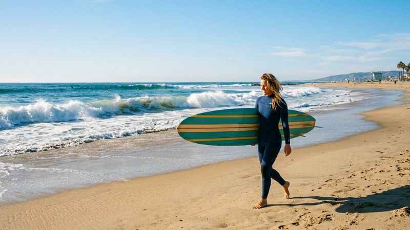 Surfer walking with a surfboard toward the waves at Huntington Beach City Beach.