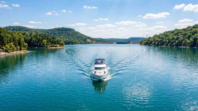 A motorboat cruising across the blue waters of Table Rock Lake surrounded by trees.