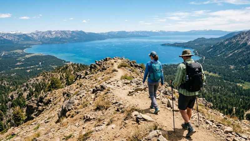 Hikers on the Tahoe Rim Trail looking out over the scenic Lake Tahoe landscape.