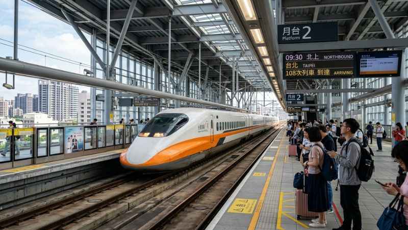 A white Taiwan High Speed Rail train stopped at a modern passenger platform.