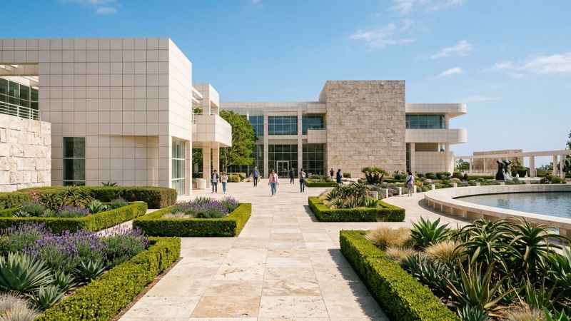 Travertine stone buildings and hilltop courtyards surrounded by gardens at The Getty Center in Los Angeles.