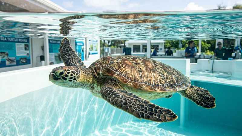 A rescued sea turtle swimming in a rehabilitation pool at the Turtle Hospital in Marathon FL.