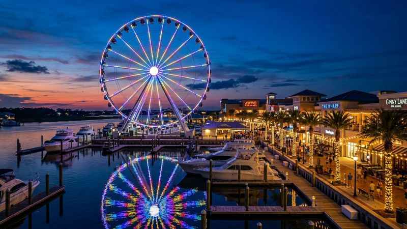 Illuminated Ferris wheel at The Wharf entertainment district in Orange Beach during twilight