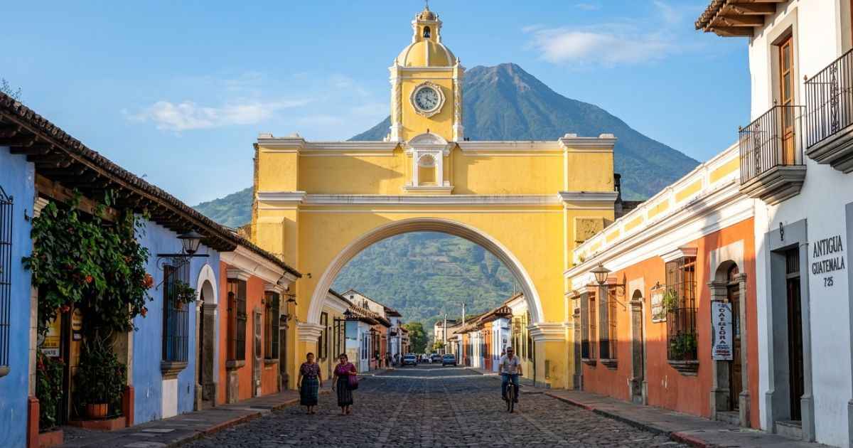 Santa Catalina Arch on a cobblestone street in Antigua Guatemala.