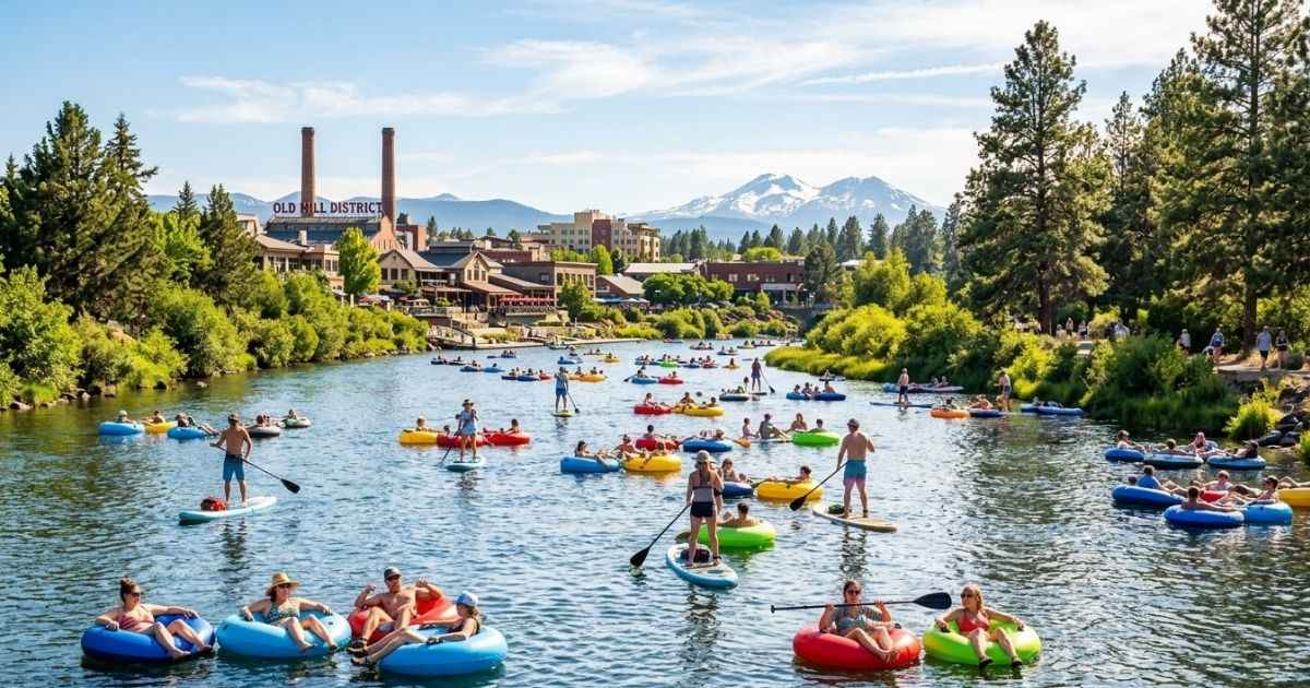 People floating and paddleboarding on the Deschutes River in Bend, Oregon during summer.