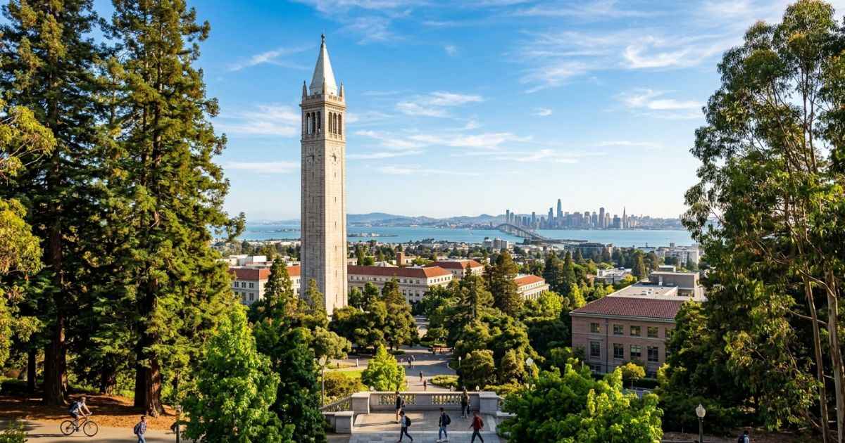 Sather Tower Campanile on the UC Berkeley campus overlooking the San Francisco Bay.