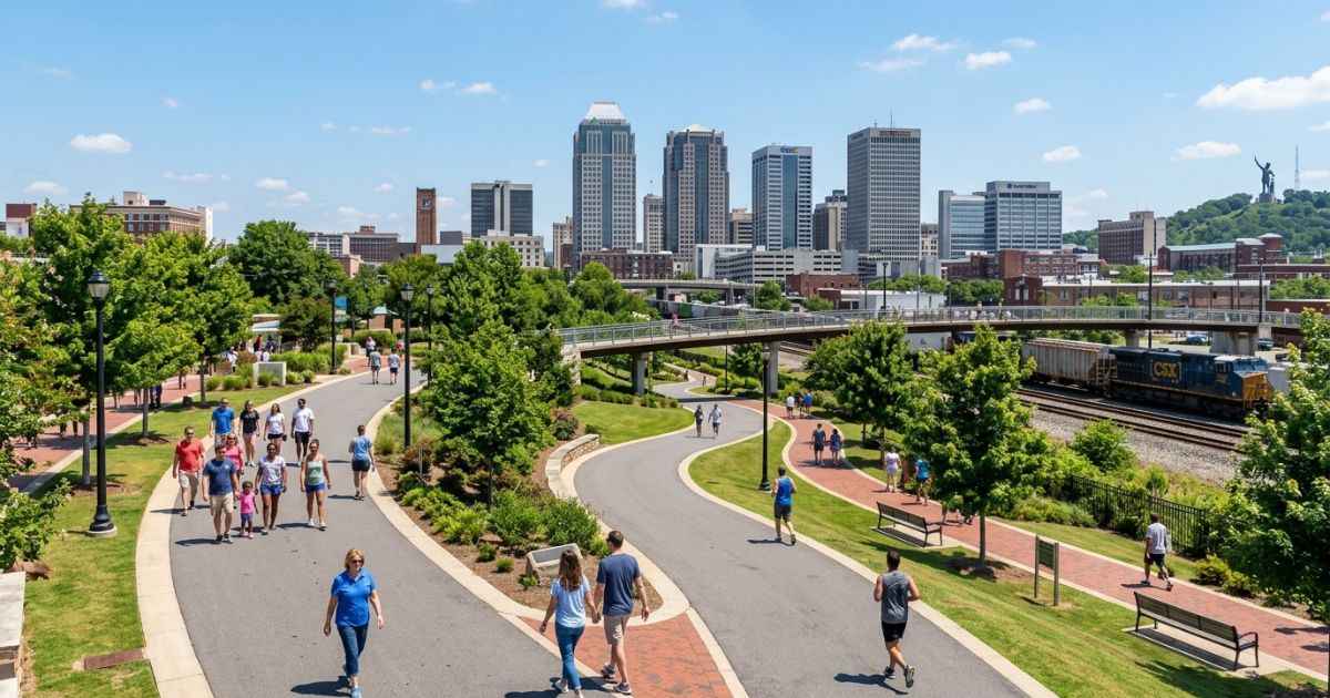 People walking on paved trails at Railroad Park with the downtown Birmingham, Alabama skyline in the background.