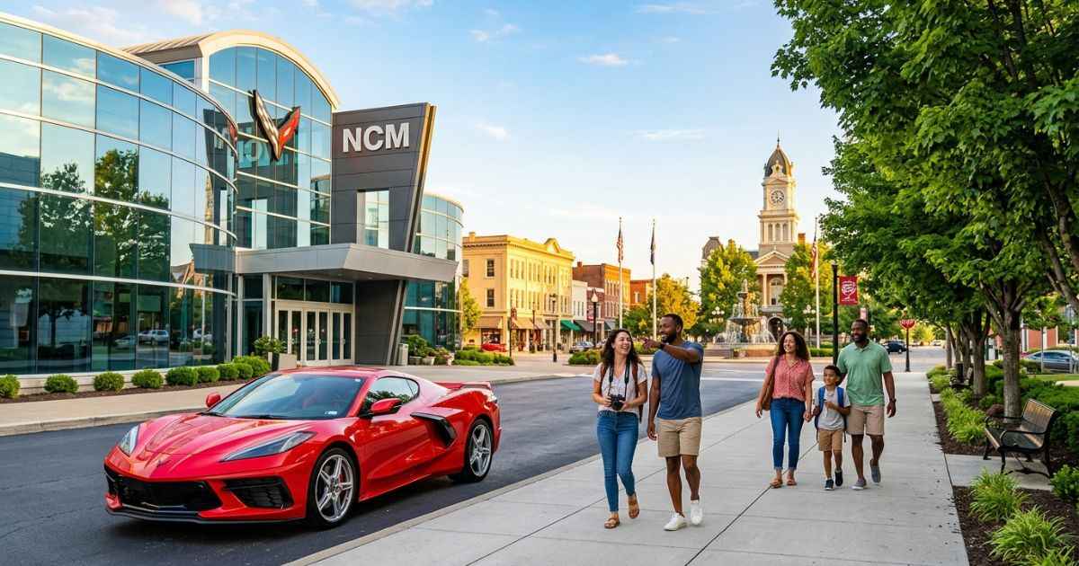 Classic sports car on display with visitors exploring the vibrant attractions of Bowling Green, Kentucky.