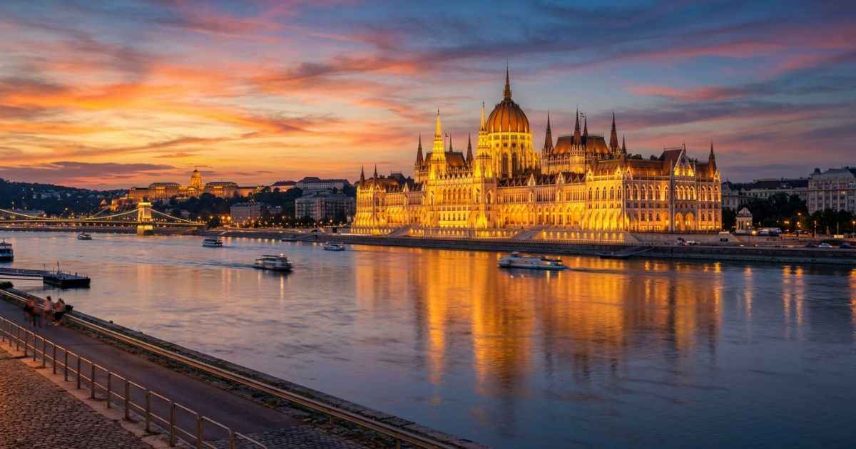 The illuminated Hungarian Parliament Building glowing at sunset along the Danube River in Budapest.