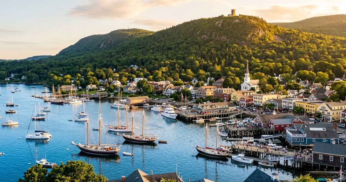 View of sailboats in Camden Harbor from the hills of Camden Maine.