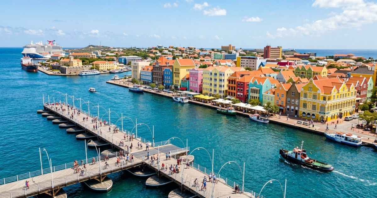 Colorful Dutch colonial buildings along the waterfront in Willemstad, Curaçao.