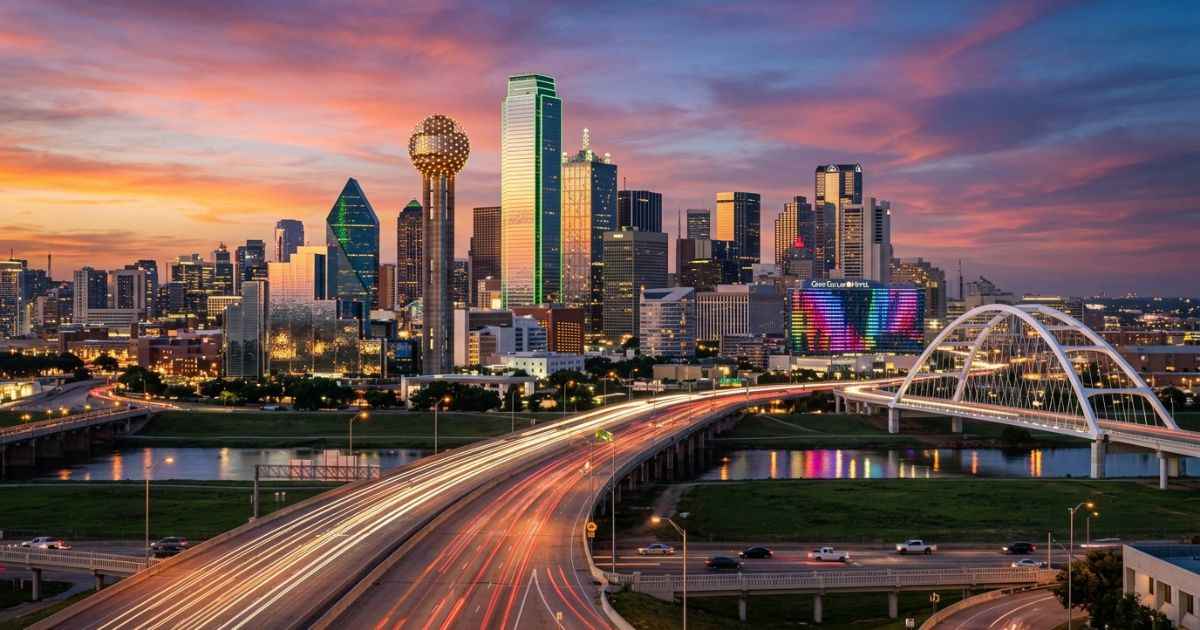 Panoramic view of the Downtown Dallas skyline featuring Reunion Tower at golden hour sunset.