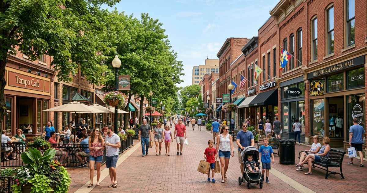 People walking along the outdoor Kalamazoo Mall in downtown Kalamazoo, Michigan.