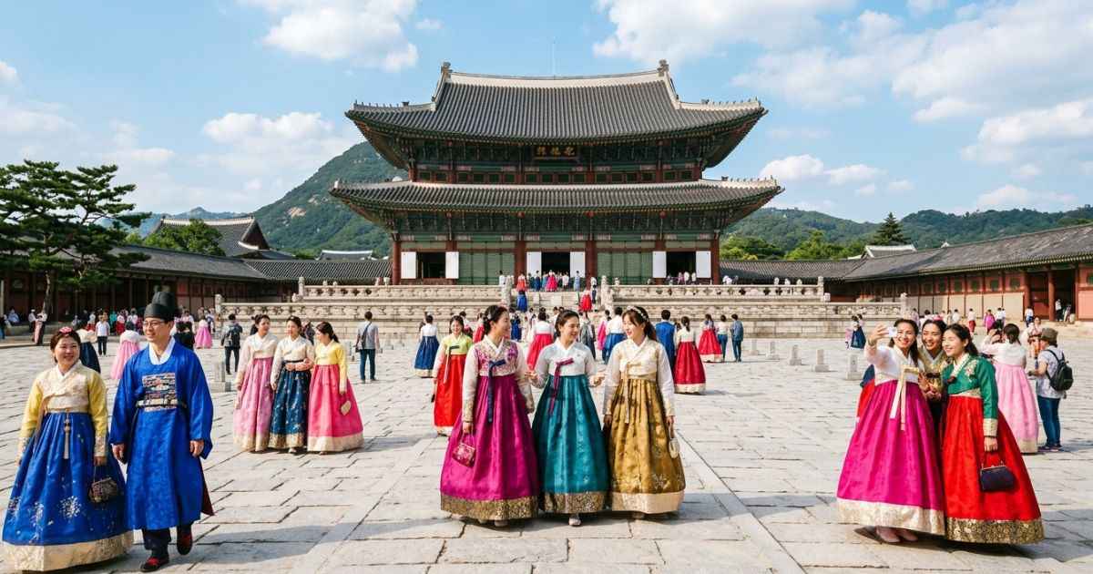 Travelers wearing traditional hanbok exploring Gyeongbokgung Palace in Seoul, South Korea.