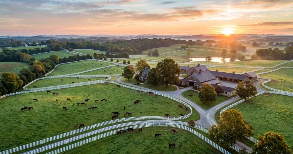 Rolling green pastures and white fences at a thoroughbred horse farm in Lexington, Kentucky.