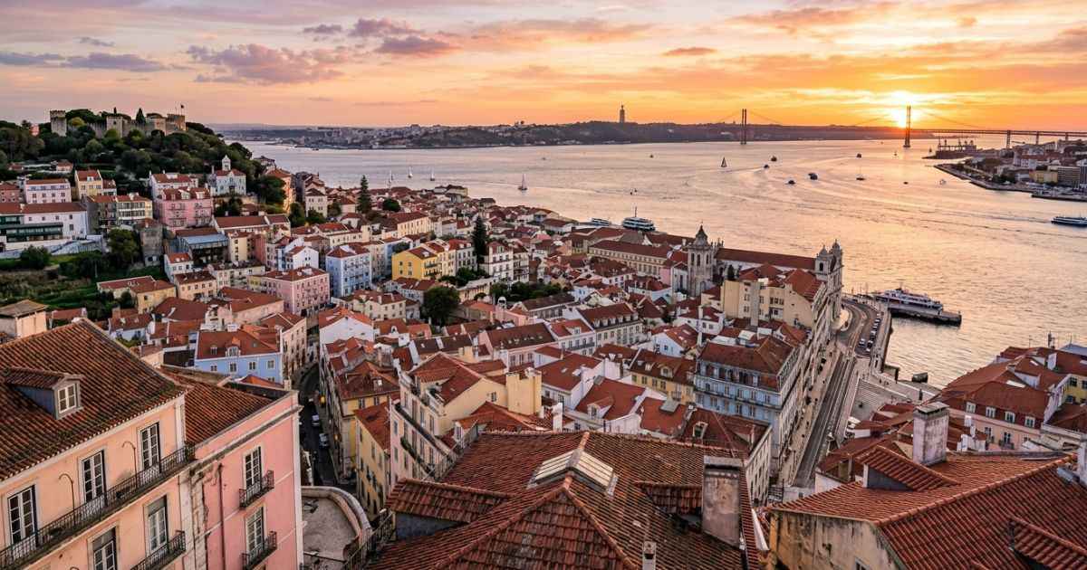 Panoramic view of Lisbon rooftops and the Tagus River from a scenic hilltop viewpoint at sunset.