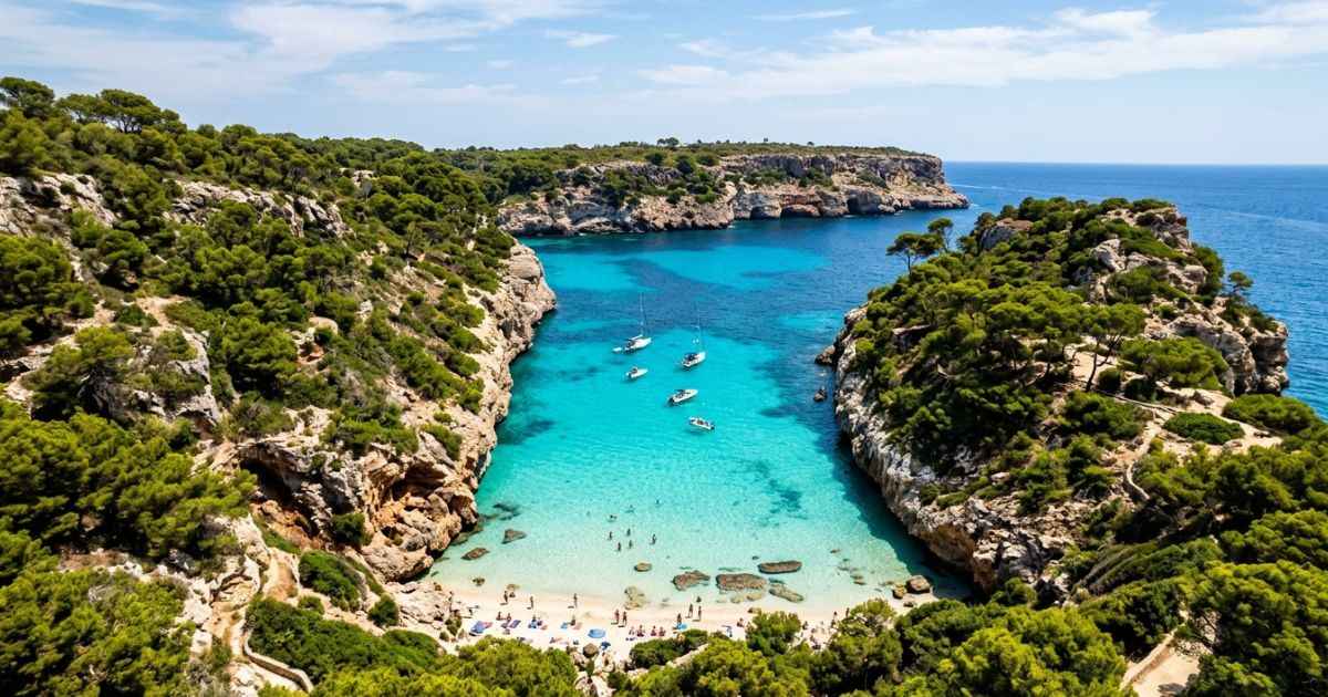 Turquoise water and rocky cliffs at Caló des Moro beach in Mallorca.