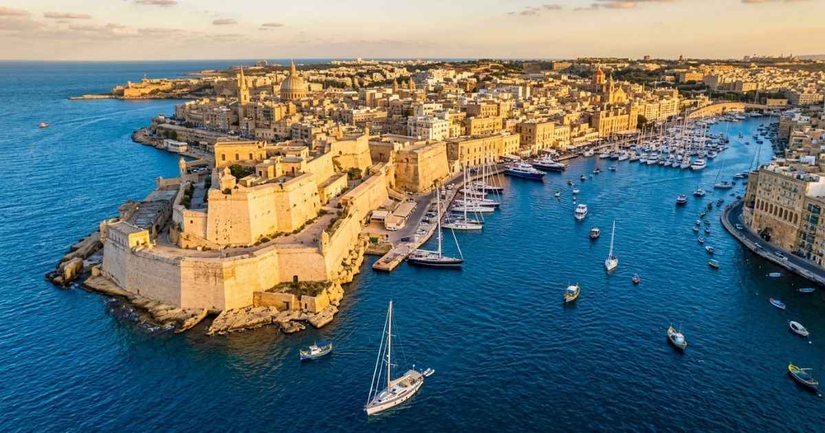 Panoramic view of Valletta fortifications and harbor in Malta
