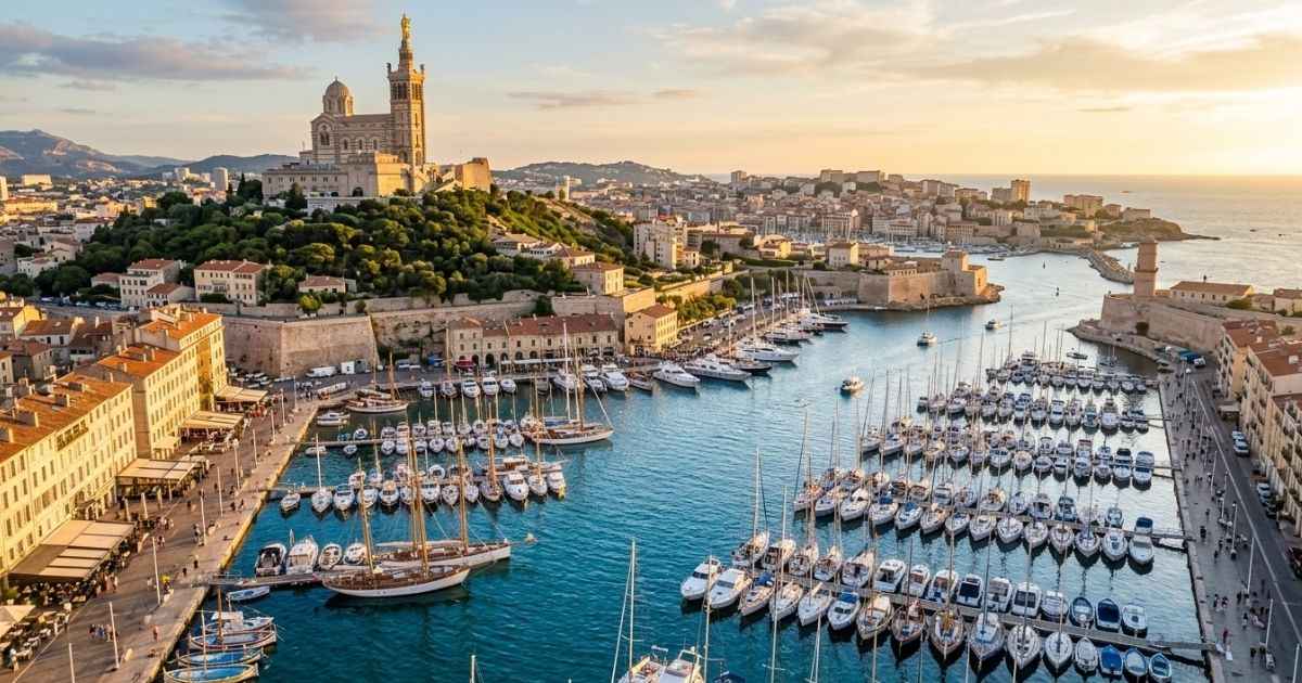 Panoramic view of the Vieux-Port harbor and Notre-Dame de la Garde basilica in Marseille.