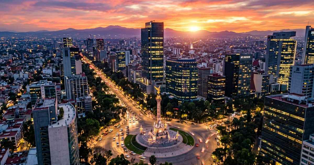 Aerial view of Paseo de la Reforma and the Angel of Independence monument at sunset in Mexico City.