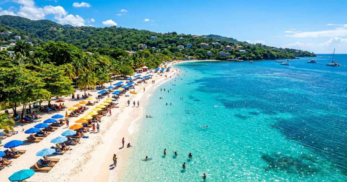 Visitors relaxing on the white sand and clear water of Doctor's Cave Beach in Montego Bay.
