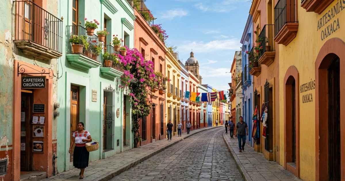 Colorful colonial street in Oaxaca City historic center.