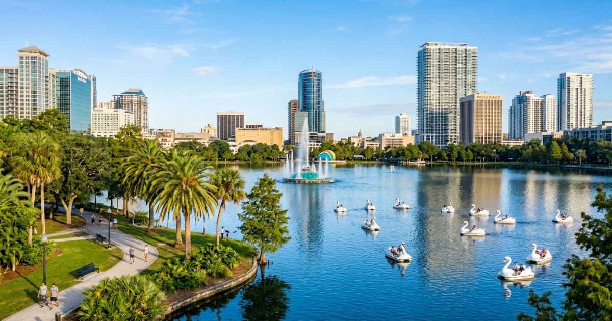 Lake Eola Park fountain and swan boats with the downtown Orlando skyline in the background.