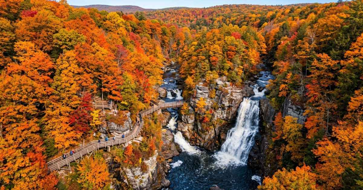 Wooden boardwalk winding past scenic waterfalls at Bushkill Falls in the Poconos.
