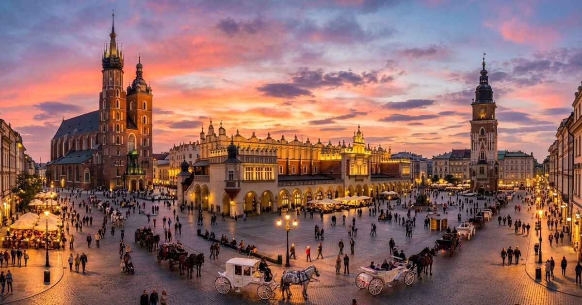 Aerial view of Krakow Main Market Square and St. Mary Basilica during sunset.