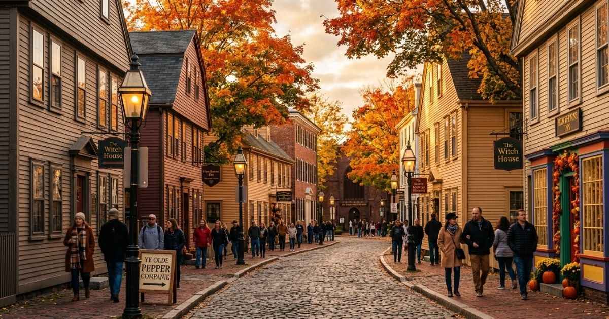 Historic streetscape in Salem, Massachusetts during autumn.