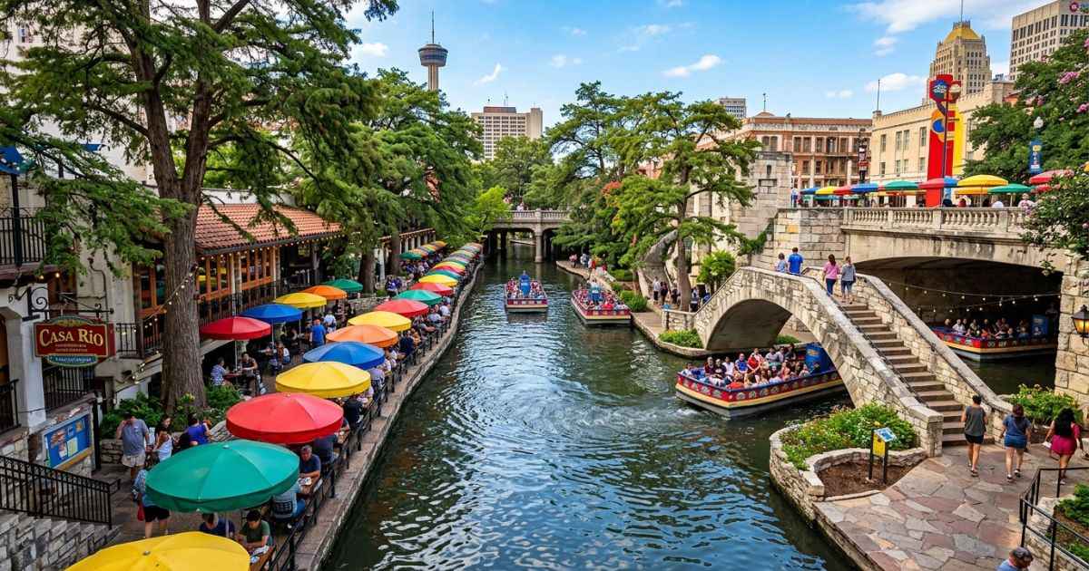 Colorful dining umbrellas and GO RIO tour boats along the historic San Antonio River Walk
