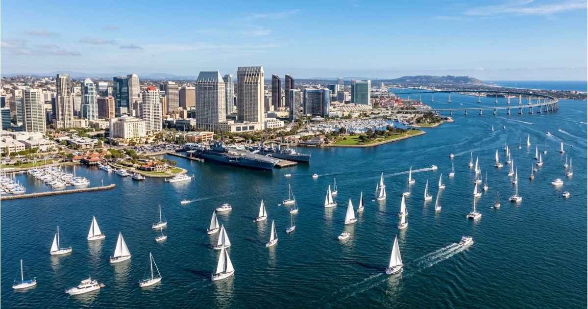 Panoramic view of downtown San Diego bay and ocean coastline