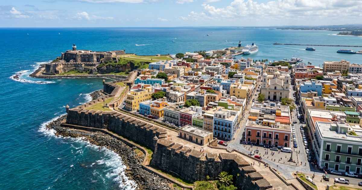 Aerial view of the historic colored buildings and stone fortifications in Old San Juan, Puerto Rico.