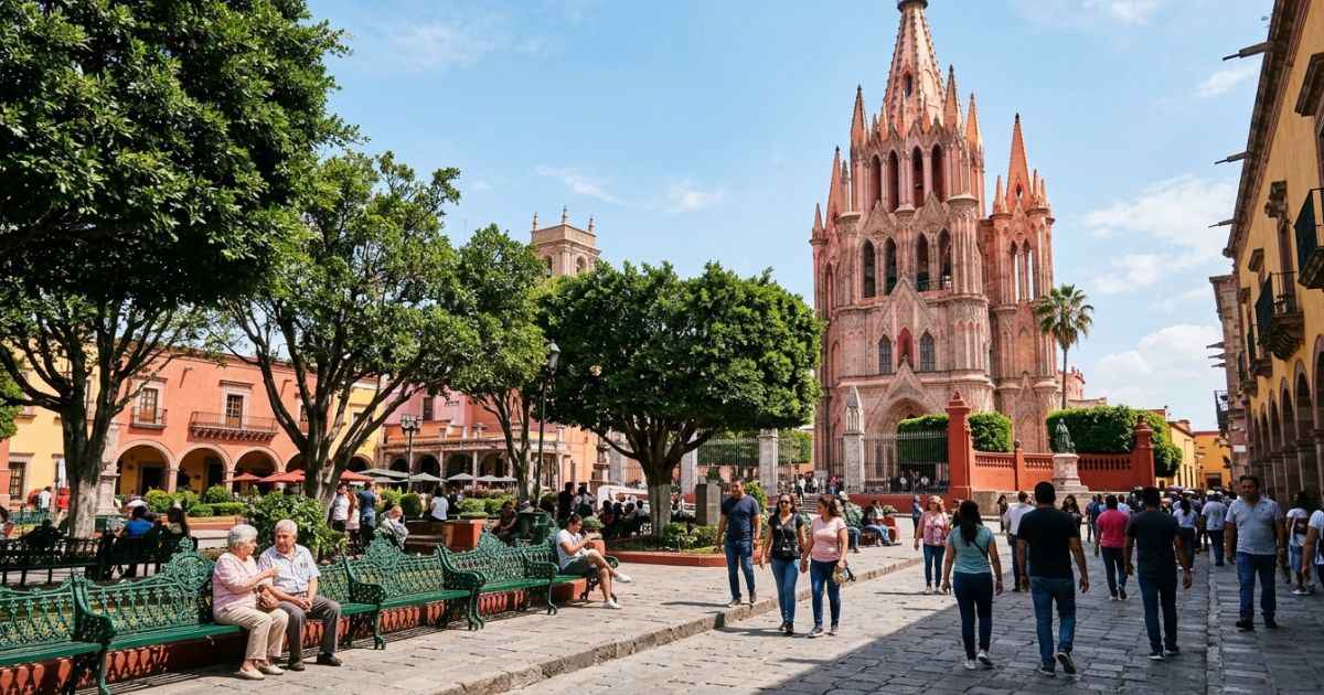 Pink Gothic spires of the Parroquia de San Miguel Arcángel towering over the main plaza in San Miguel de Allende.