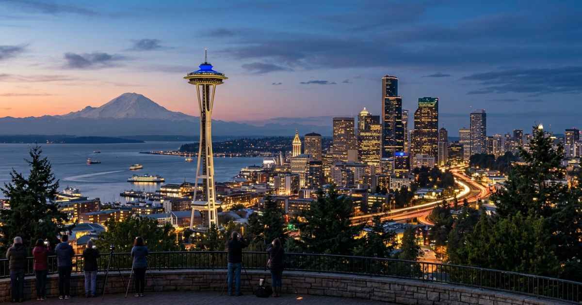 Panoramic evening view of the Seattle skyline featuring the Space Needle and downtown buildings from Kerry Park.