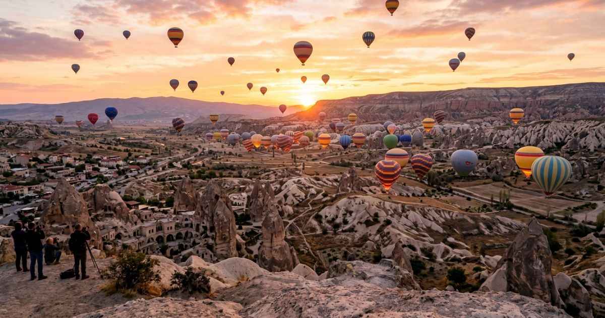 Colorful hot air balloons flying over rock formations in Cappadocia, Turkey.