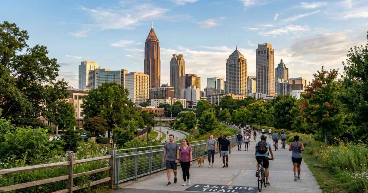 Walkers and cyclists on the Atlanta BeltLine Eastside Trail with the Midtown Atlanta skyline in the background.