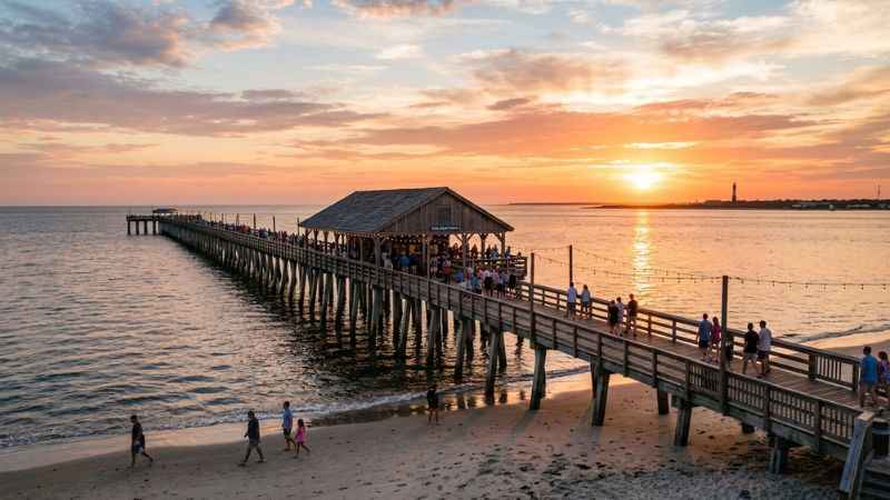 The Tybee Beach Pier and Pavilion extending out over the Atlantic Ocean with people strolling at sunset.