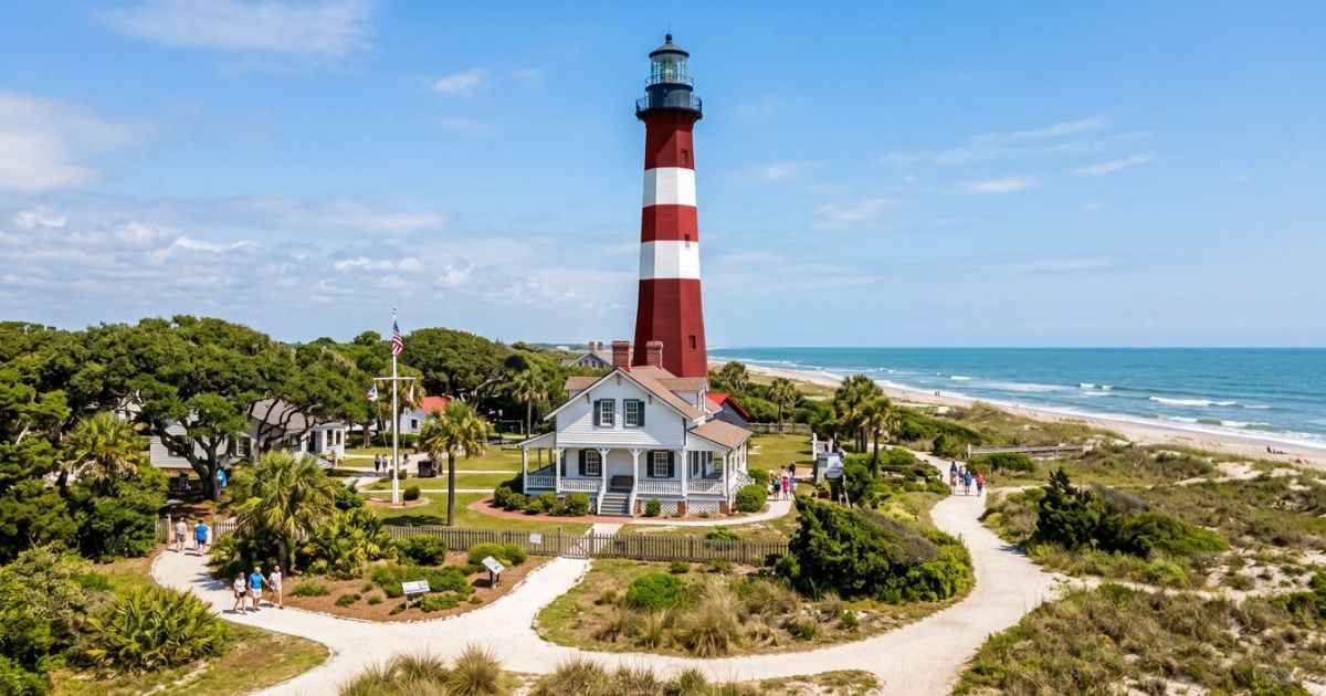 The historic Tybee Island Light Station and Museum tower surrounded by clear blue sky and coastal foliage.