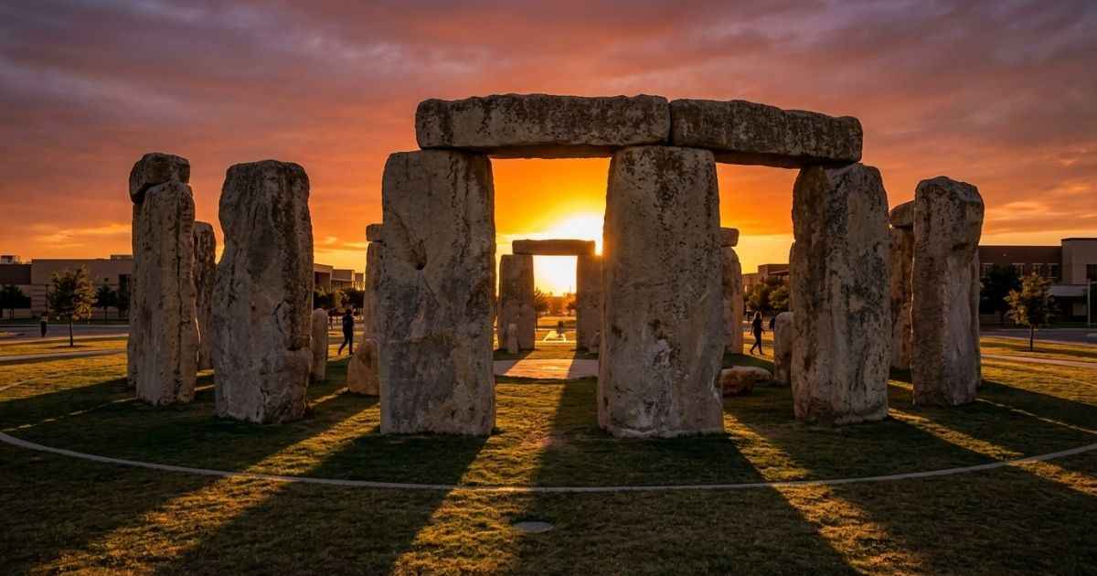 UTPB Stonehenge replica silhouetted against a golden West Texas sunset in Odessa, TX.
