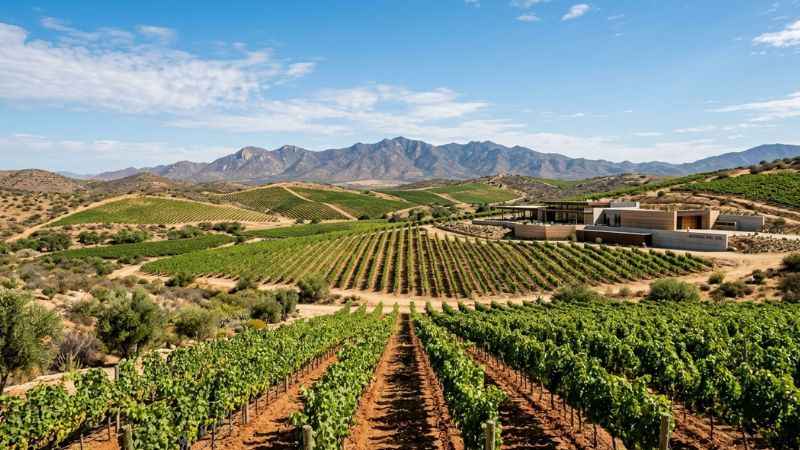 View of grapevines and rolling hills in Valle de Guadalupe wine country.