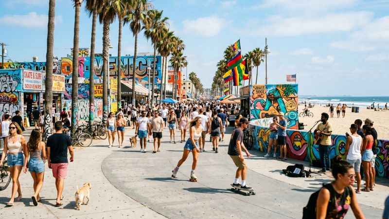 Palm trees and people walking along the sunny Venice Beach Boardwalk.