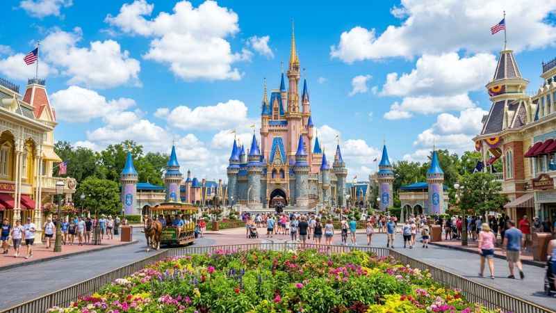 Cinderella Castle at Magic Kingdom under a bright blue sunny sky in Orlando Florida.