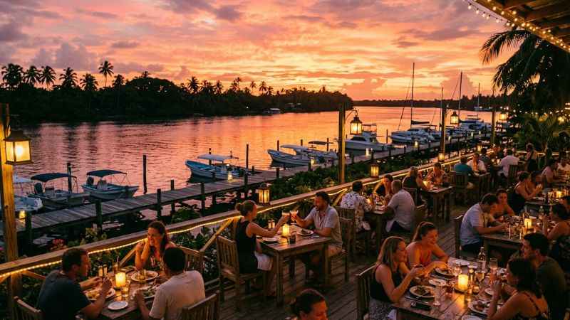 People enjoying waterfront dining at sunset on the river at the Snook Inn in Marco Island.