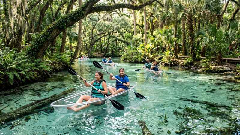 Clear-bottom kayaking through freshwater natural springs near Orlando Florida.