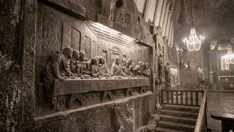 Carved salt chandeliers and chapel interior inside the Wieliczka Salt Mine.