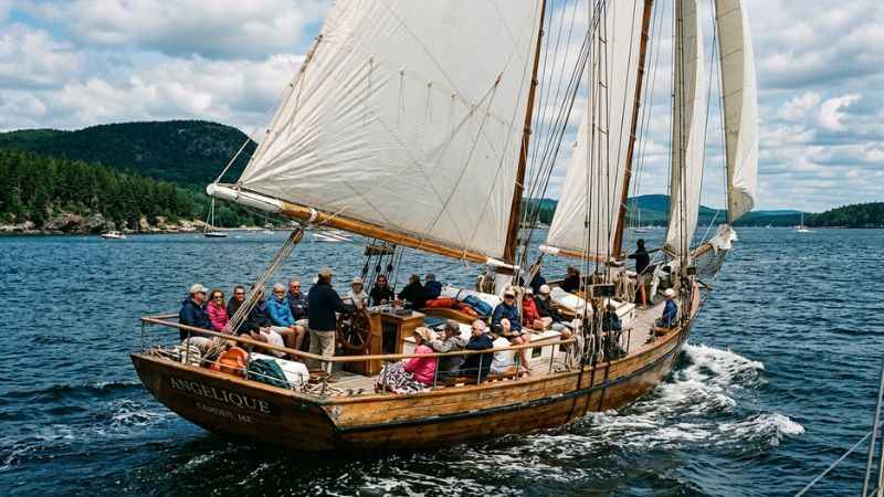 Historic windjammer schooner sailing in Camden Harbor Maine.