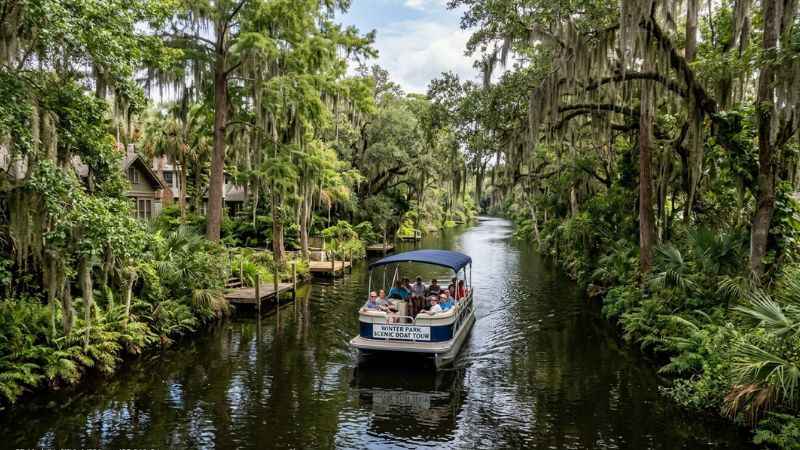 Tour boat navigating a tree-lined canal on the Winter Park Scenic Boat Tour.