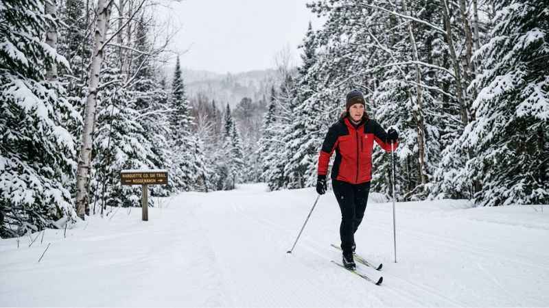 Cross-country skier on a snow-covered trail in Marquette, Michigan during winter.